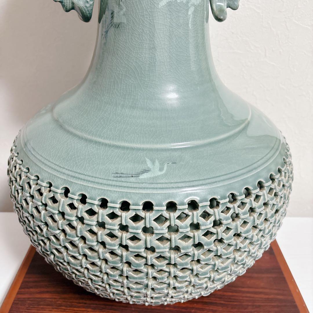【特大】高麗青磁 海光作 龍耳透かし彫り 大花瓶 63cm 11.8kg 雲鶴紋