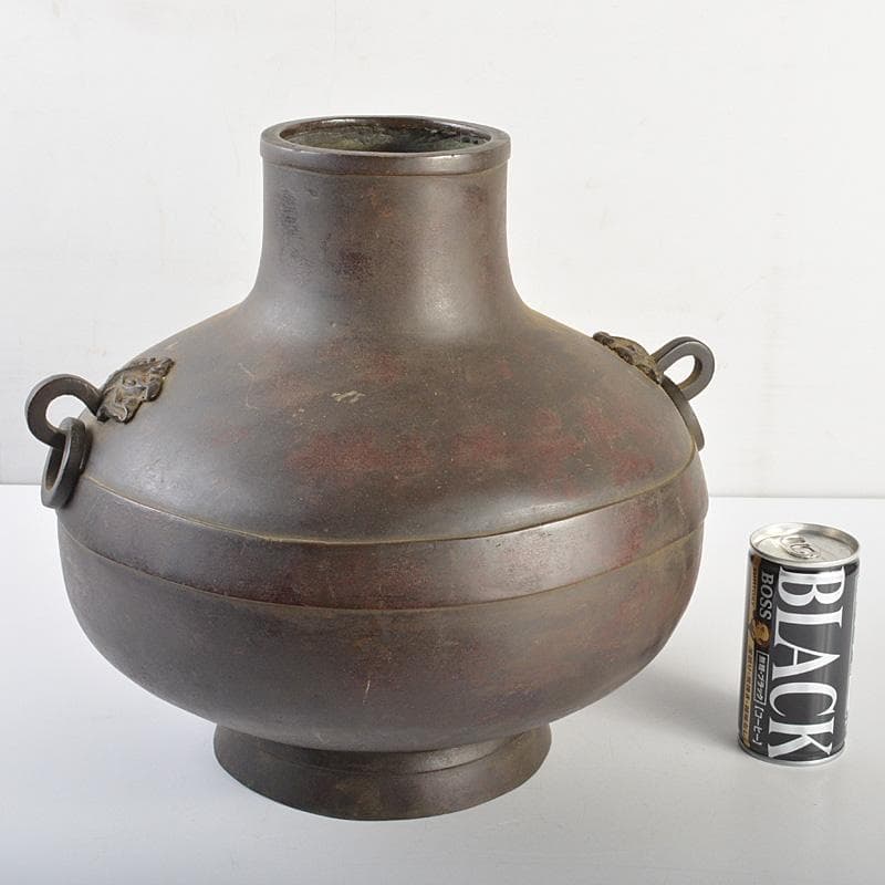 中国　唐銅　神獣遊環双耳瓶　M　R7369F