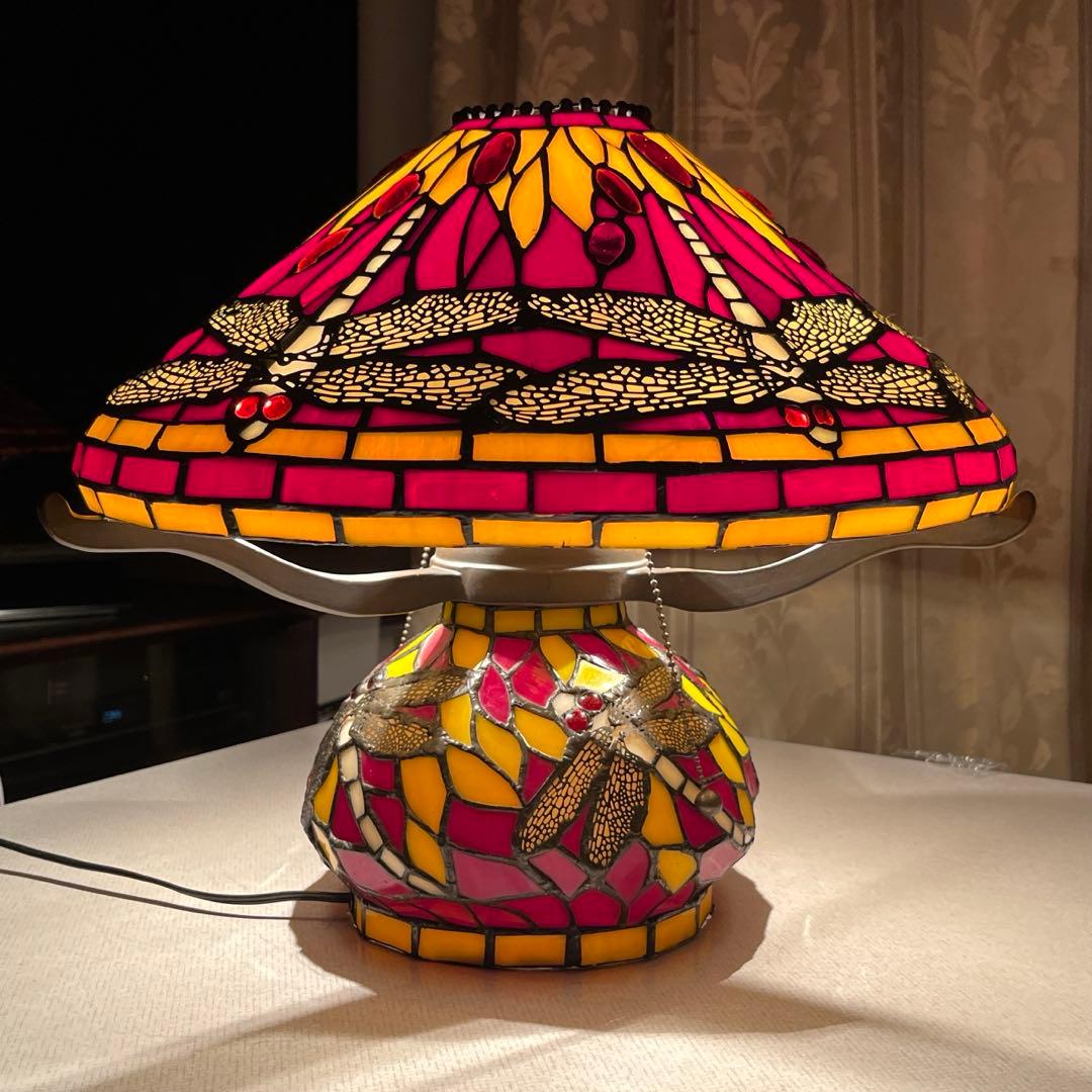 ステンドグラス ヴィンテージテーブルランプ ３灯　トンボ　 アンティーク