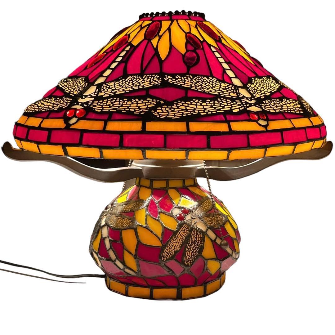 ステンドグラス ヴィンテージテーブルランプ ３灯　トンボ　 アンティーク