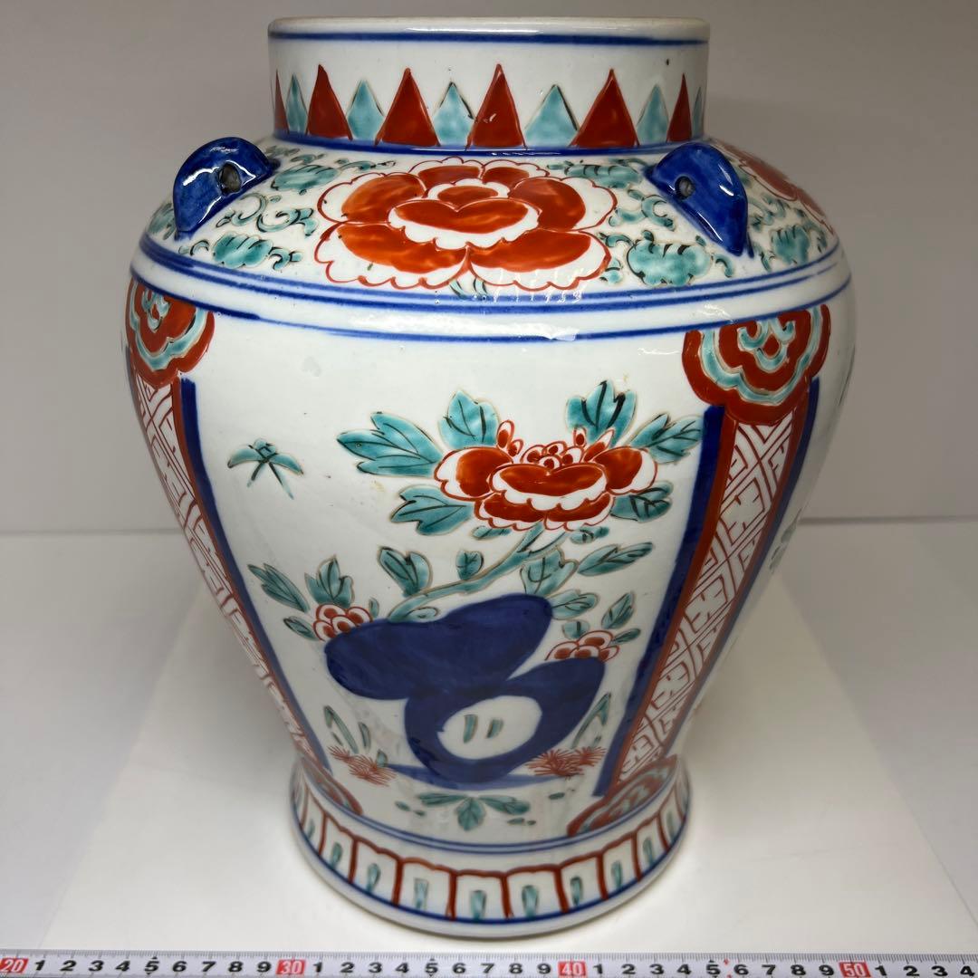 中国古玩　赤絵耳付壷　高さ約32㎝　東Y7-1104①トヒオ