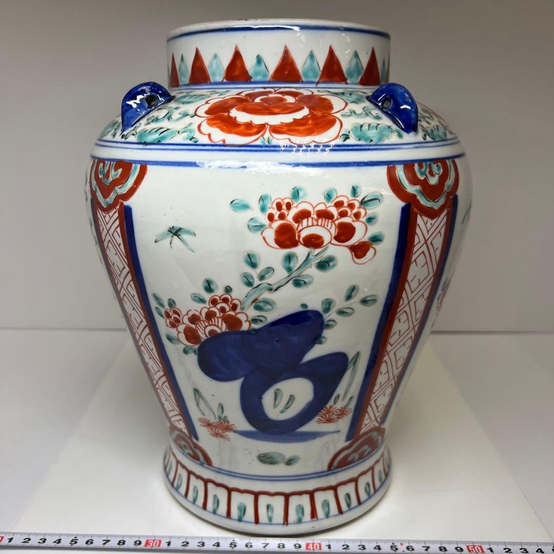 中国古玩　赤絵耳付壷　高さ約32㎝　東Y7-1104①トヒオ