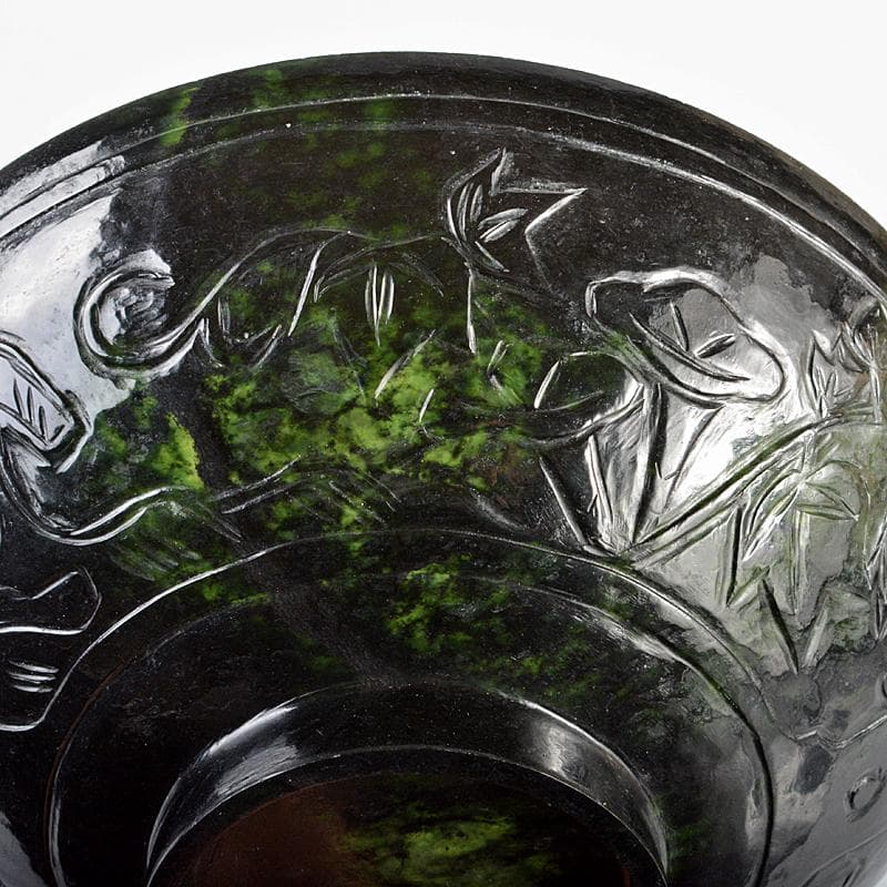 中国　玉石彫刻　花刻　鉢　唐木台付　V　R5378