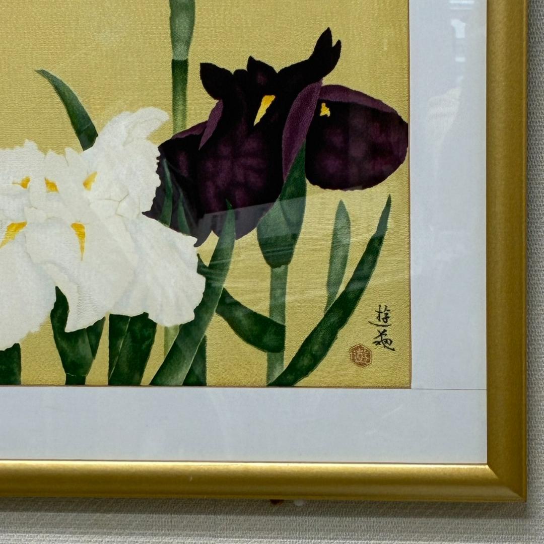 絹ちりめん　染色　額絵　あやめ　菖蒲 　57×57㎝