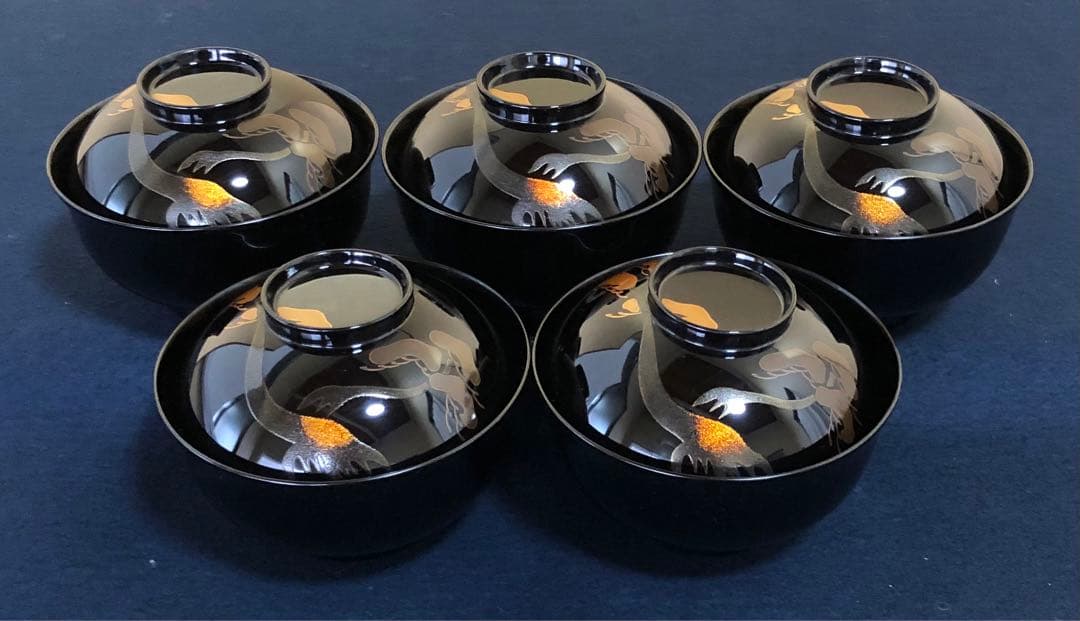 《レ》輪島塗 日の出松蒔絵 吸物椀5客 光峯作 哲舟作 共箱　251104う3