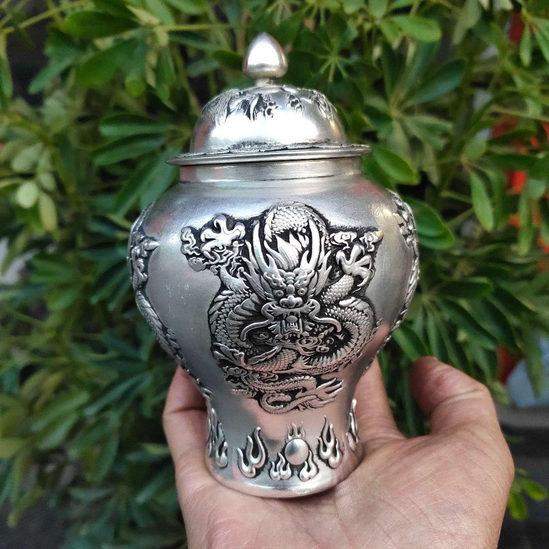 銅 細 工レリーフ龍鳳将軍缶 茶缶茶道具 工芸品 美術品 置物