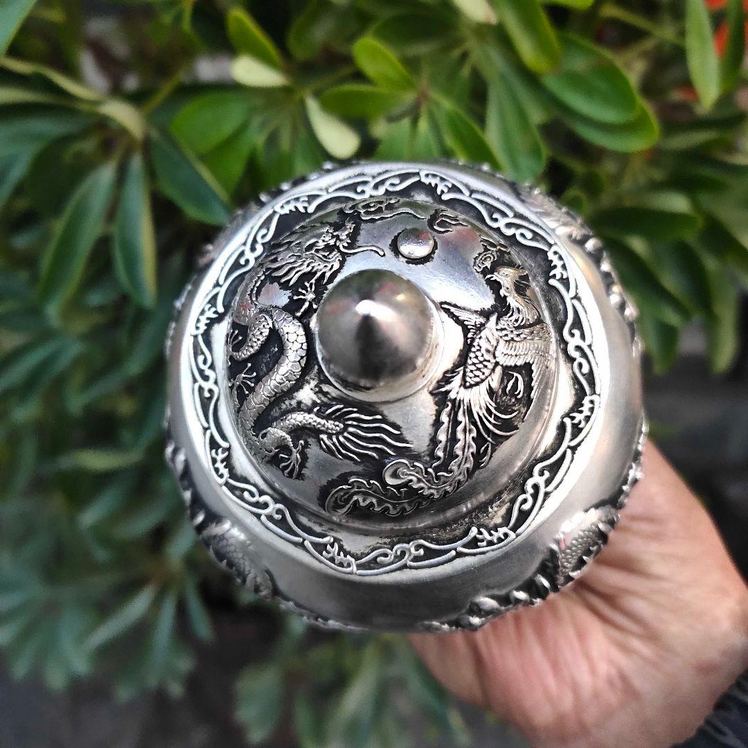 銅 細 工レリーフ龍鳳将軍缶 茶缶茶道具 工芸品 美術品 置物