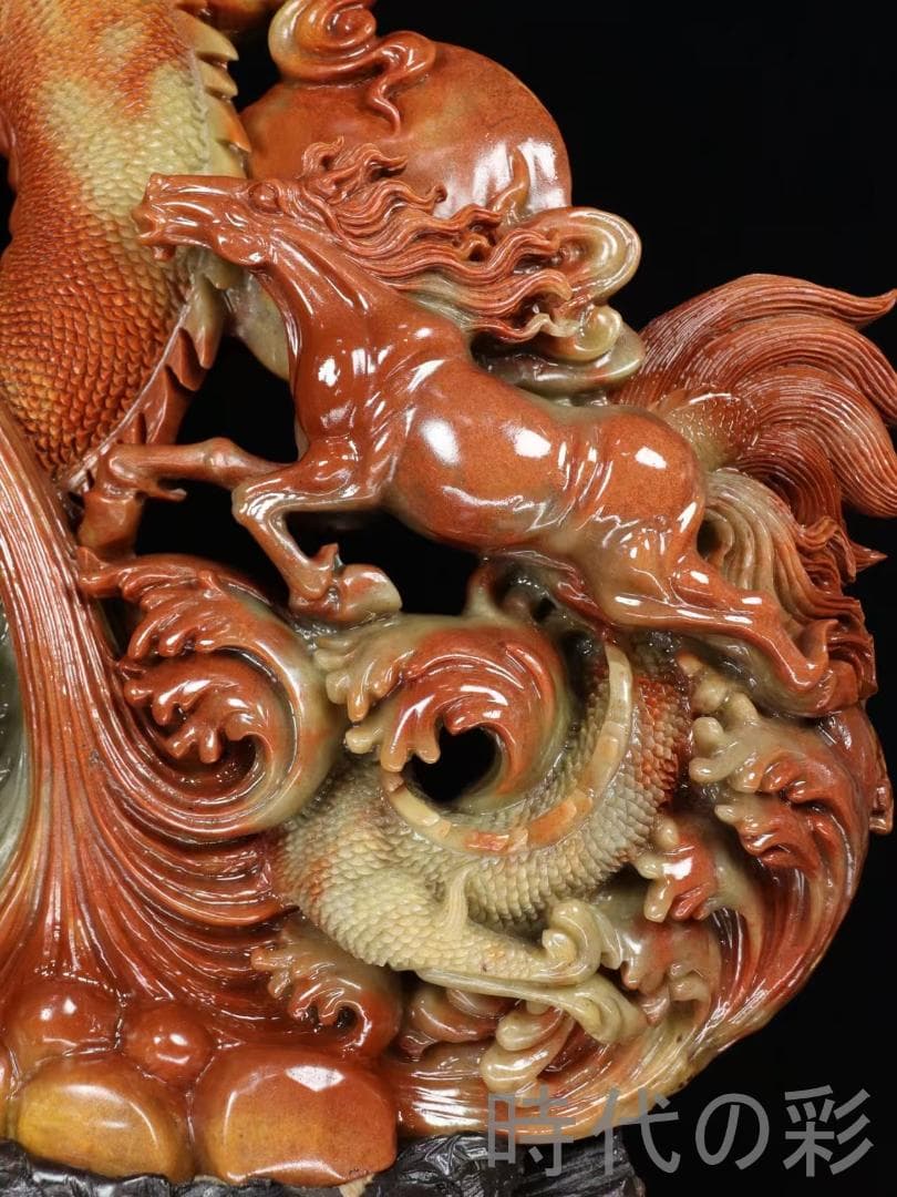 中国古美術 寿山石高山石 龍馬精神 巧色鏤空 重器 細密彫 手彫り 在銘 擺件