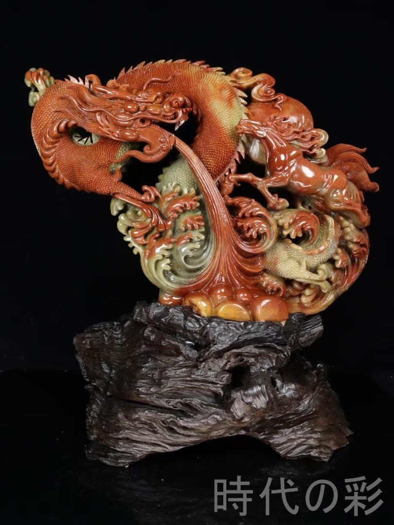 中国古美術 寿山石高山石 龍馬精神 巧色鏤空 重器 細密彫 手彫り 在銘 擺件