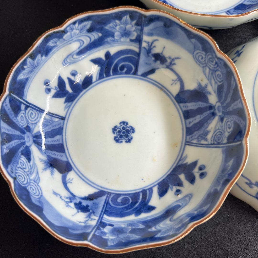 江戸中期　藍柿右衛門手輪花膾皿5枚　幅約14㎝　東Y8-0106☆2F