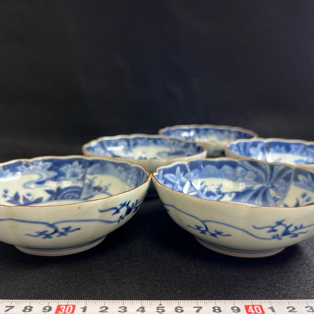 江戸中期　藍柿右衛門手輪花膾皿5枚　幅約14㎝　東Y8-0106☆2F