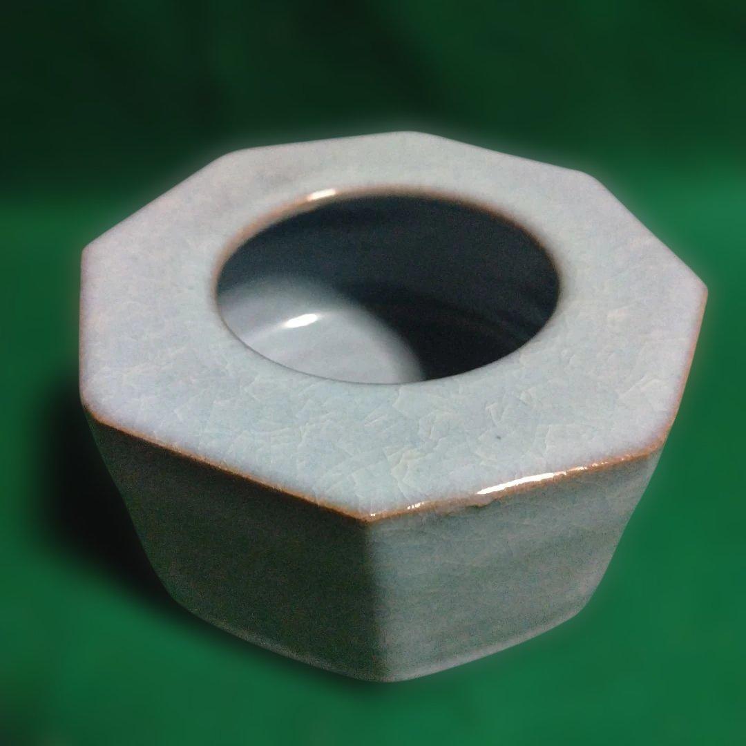 青い八角形陶器容器 木箱付き　木村盛伸　釣青釉面取　器