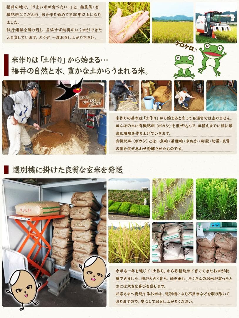 無農薬有機米コシヒカリ玄米１０kg（福井７年産新米）食味ランク最高 S・精米無料