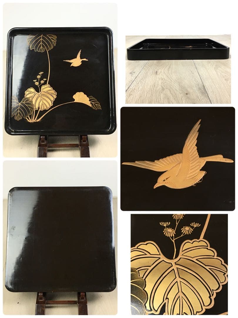 S372懐石膳 四方盆 花鳥蒔絵 5客揃 真塗木製 時代物