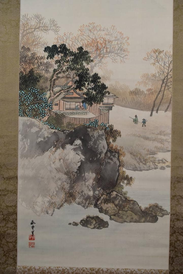 【真作】山田敬中/春景山水訪中図/春景訪友図/掛軸☆宝船☆AB-385