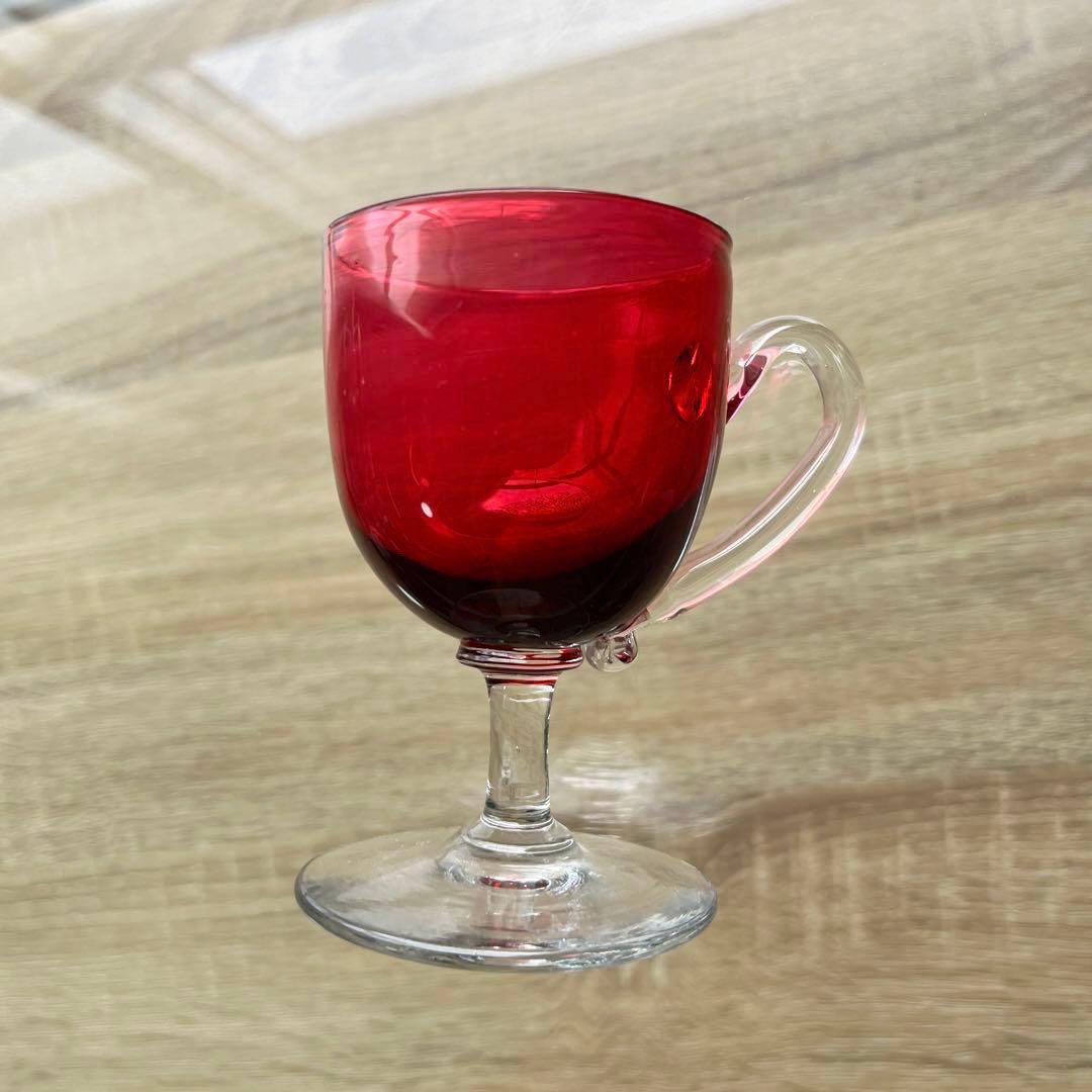 骨董　時代ガラス　希少　金赤ガラス　取手付き　アイスクリームコップ　ウラン