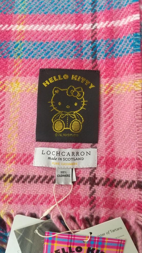 キティ　ブランケット　ストール　タータンチェック　ピンク　カシミヤ100%
