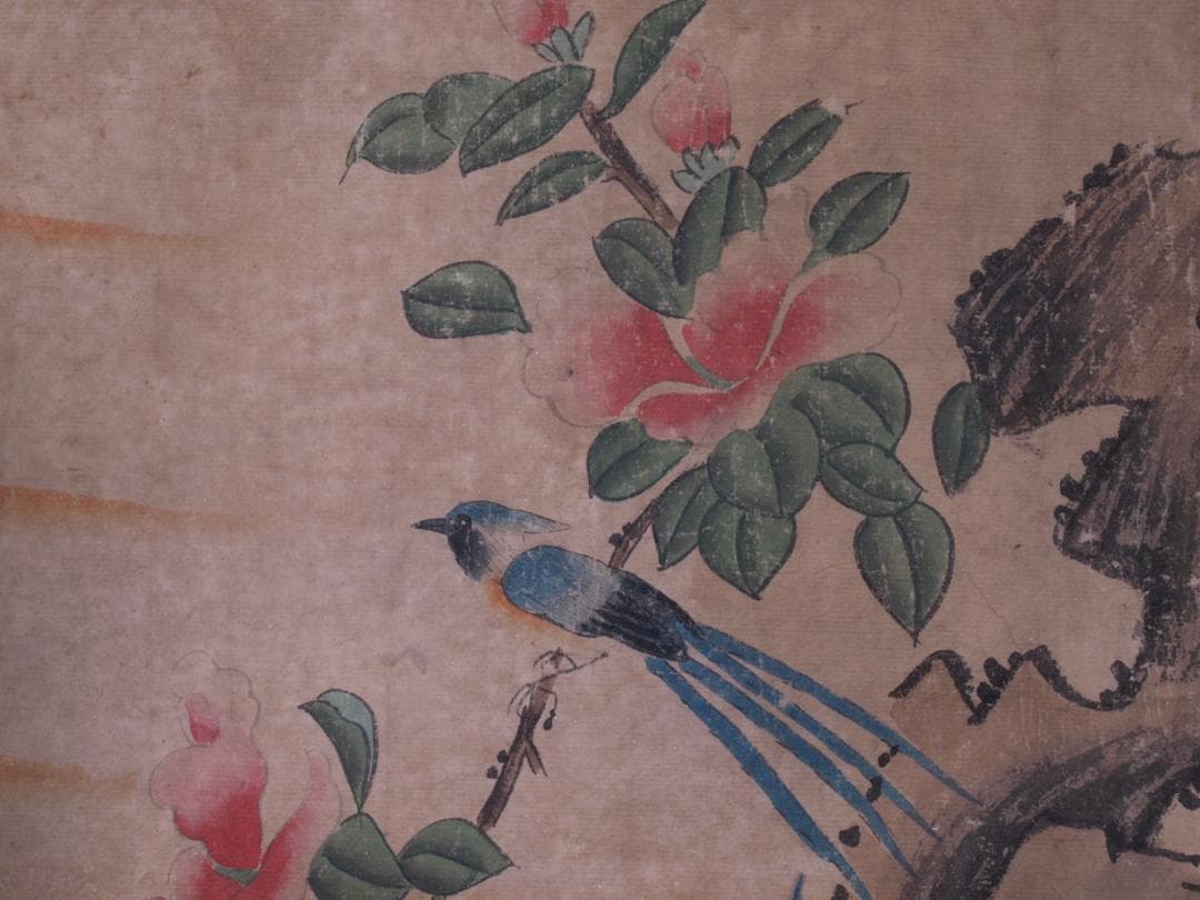【骨董掛け軸】俊鸟登枝　 中国清時代　掛け軸　捲り　 AK197A14-3