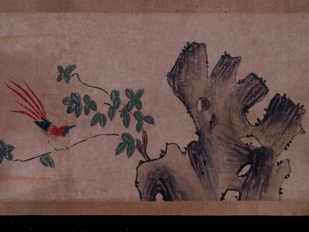 【骨董掛け軸】俊鸟登枝　 中国清時代　掛け軸　捲り　 AK197A14-3