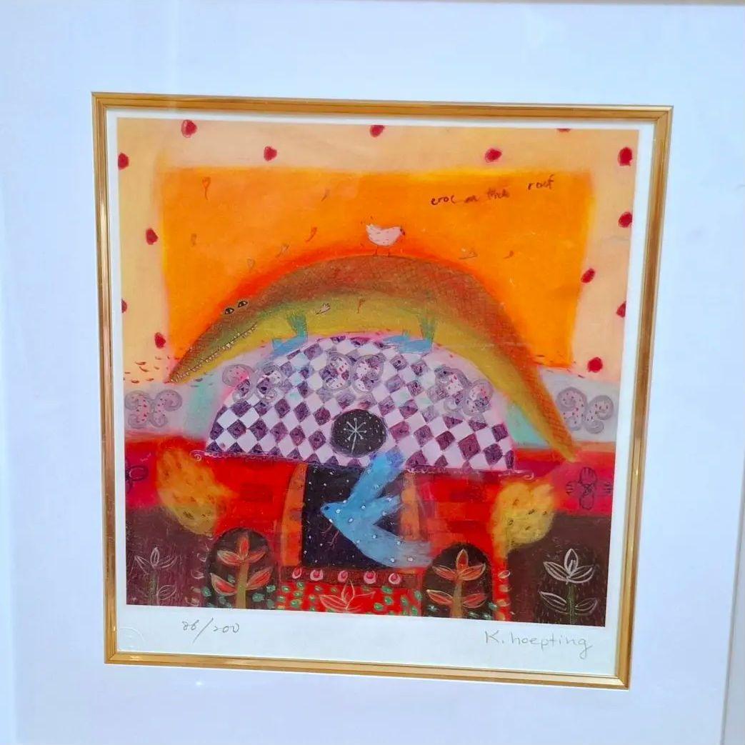 貴重！今週のみお値下げ カレンホイプティング [屋根の上のクロコ]ワニと鳥抽象画