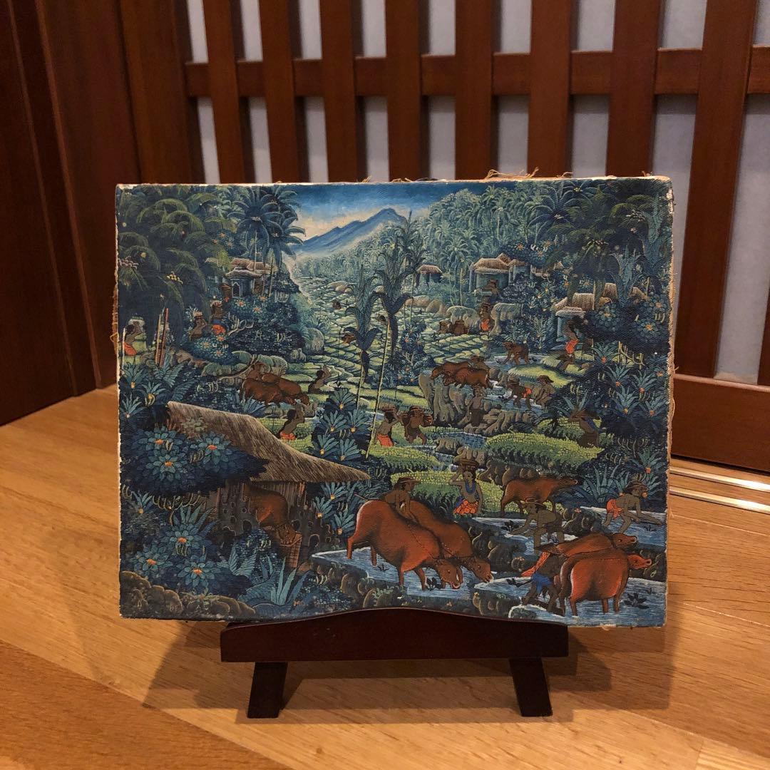 バリ島　油彩画　手描き　木製スタンド付き　一点物アート　アジアンインテリア