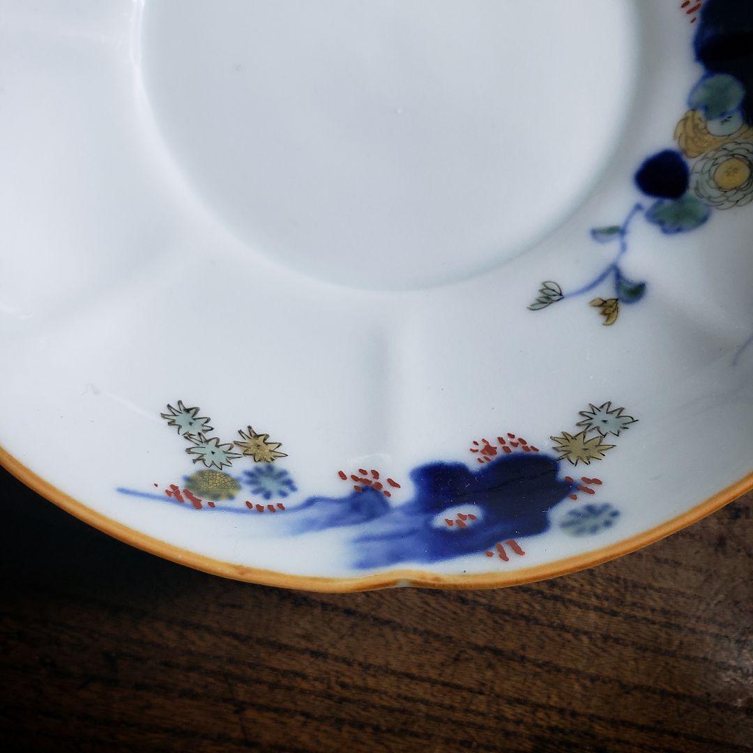 八花弁皿 染付 色絵付 取り皿 なます皿 岩 梅 菊 銘 明治 古伊万里 ロ号
