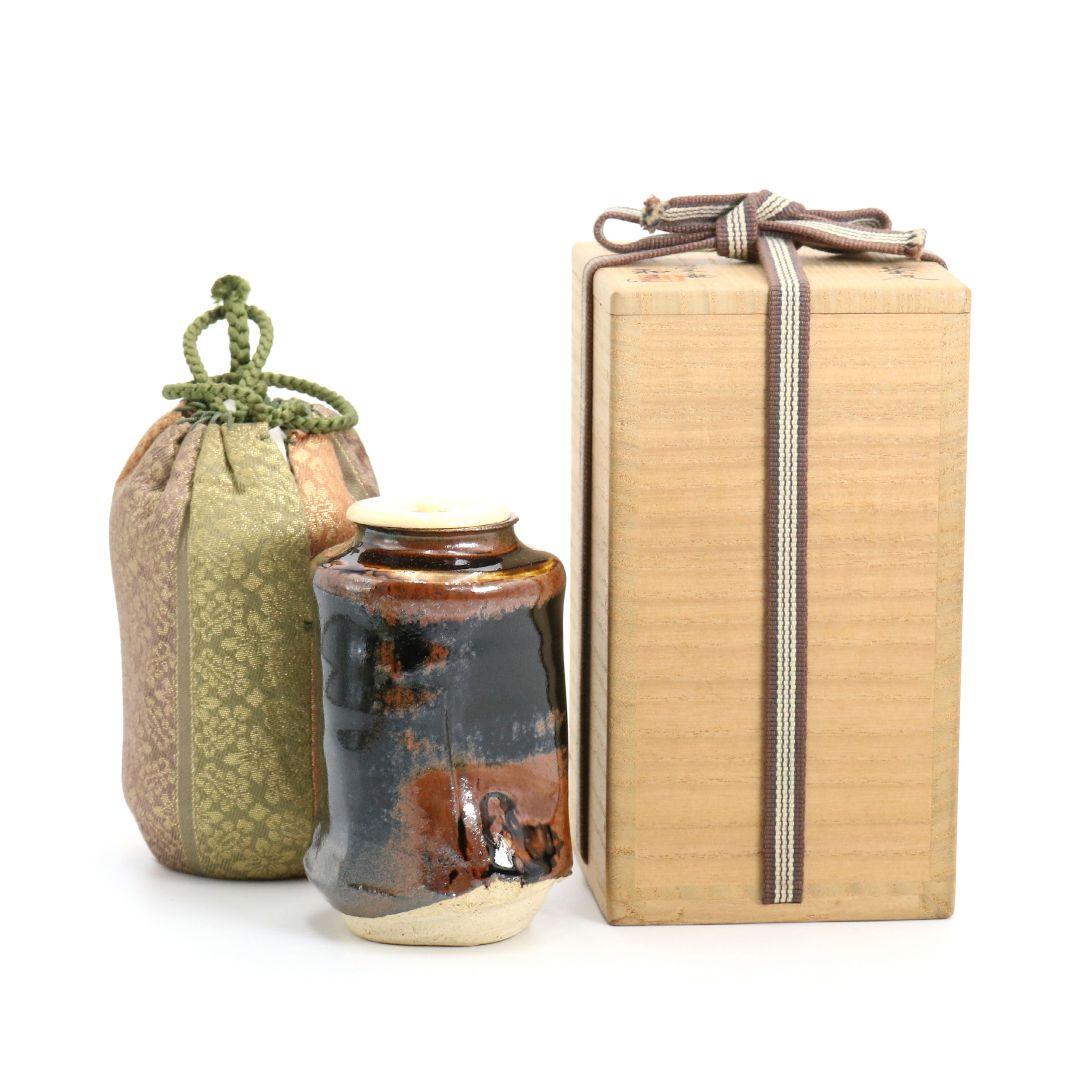 忍冬庵 佐藤和子作 織部焼 肩衝茶入 仕覆付 茶道具 共箱　V909　N9