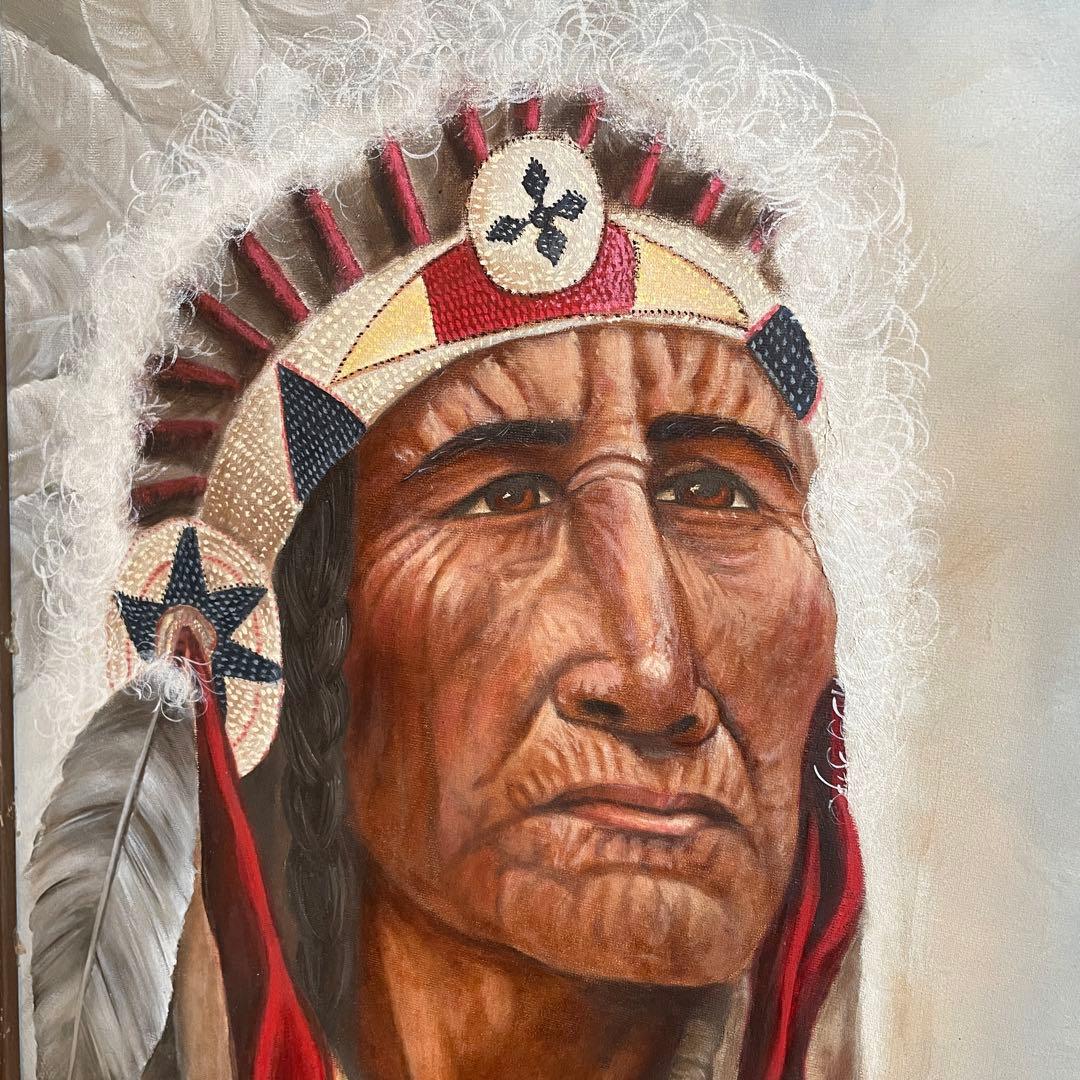 希少！ネイティブアメリカン　酋長インディアン油彩絵画　USAヴィンテージプエブロ