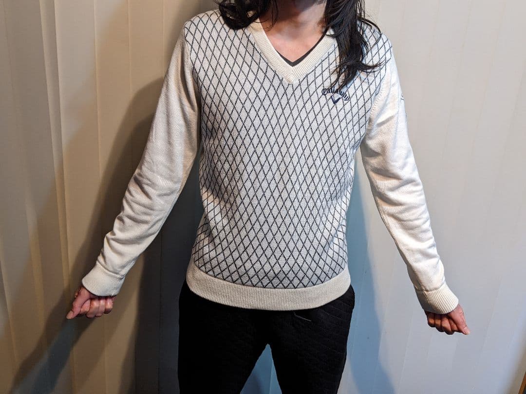 キャロウェイ　バイヤスチェック　裏地　vネック　ニット　セーター　トレーナー　白