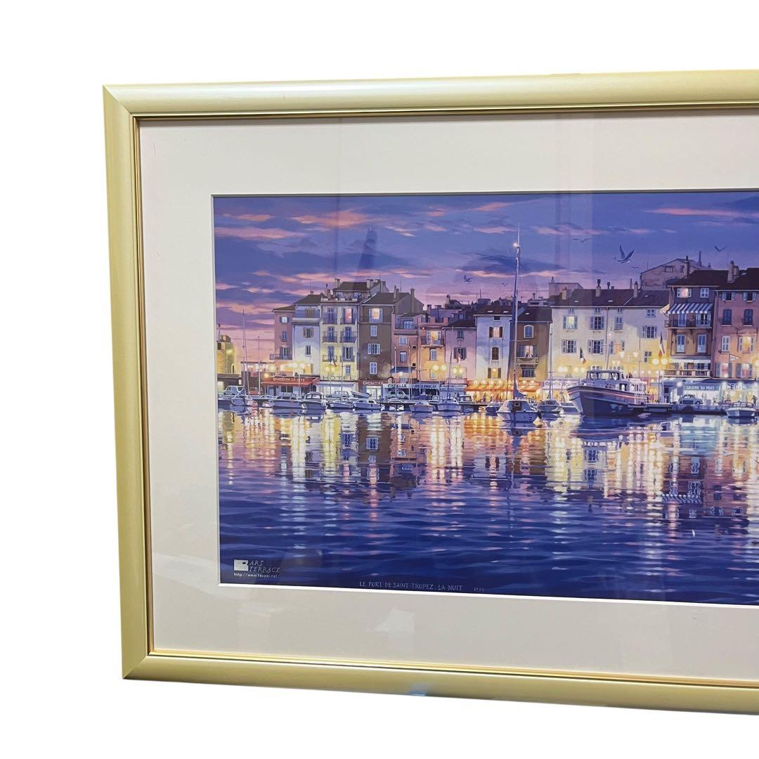 美品 笹倉鉄平 サントロペ港の夜 額装ポスター110×54cm 正規品