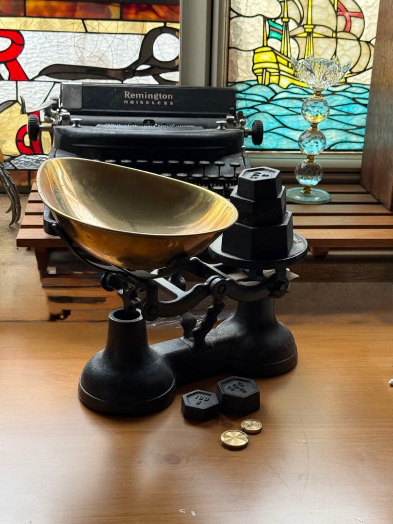 アンティークスケール 上皿天秤 天秤式はかりと重りセット 天秤計り アイアン銅