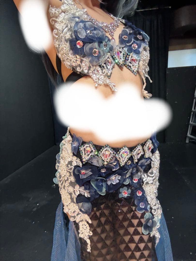 美品一点物 ベリーダンス衣装 花モチーフ 青セット M コスチューム