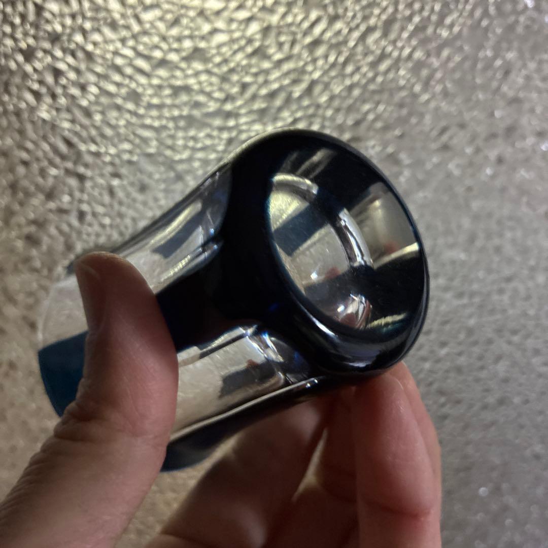 骨董　時代ガラス　希少　紺色被せ　縞　モダン切子　徳利　酒器　３点