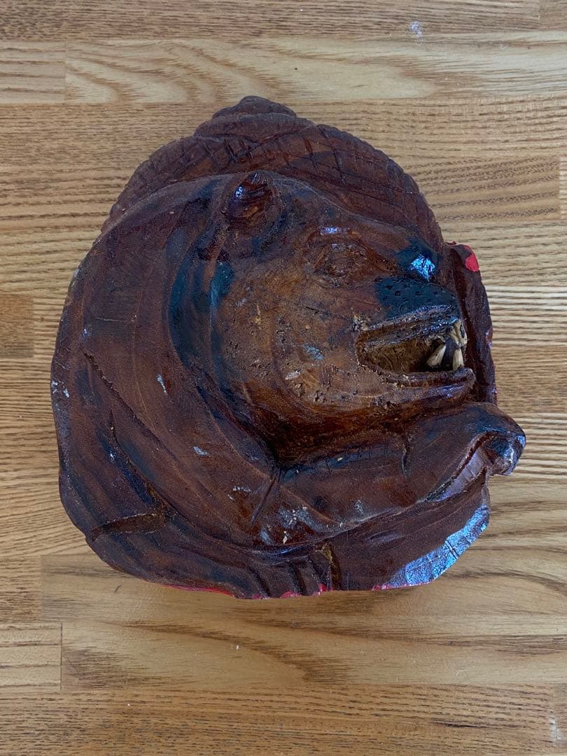 古道具坂田取扱 木彫 熊と赤面 二面像 祭祀仏具 古作