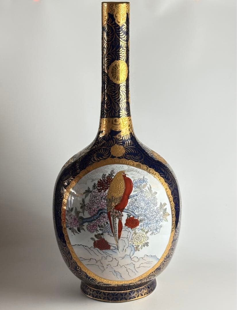 栄盛窯 瀧山作 薩摩焼 金襴手 花鳥図 鶴首花瓶 高さ約65cm 花瓶 花入れ