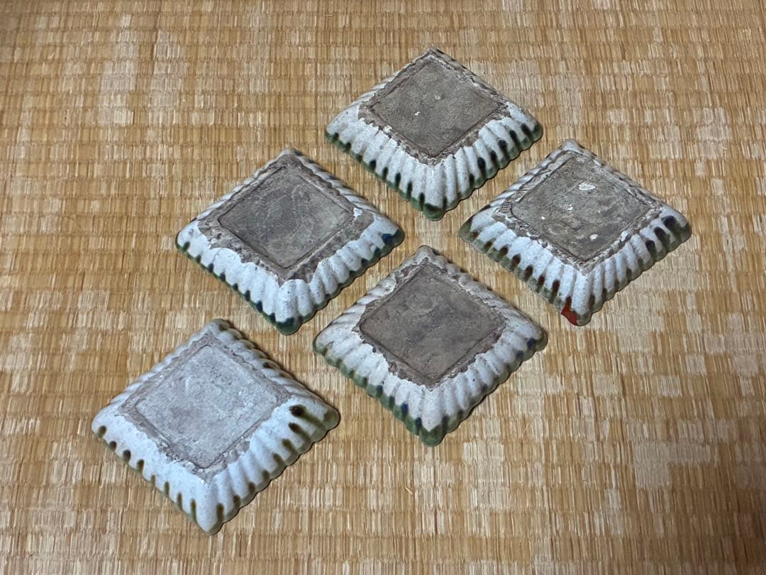古織部 古い 陶器 菱形 小皿 盛皿 五枚 箱付 時代物