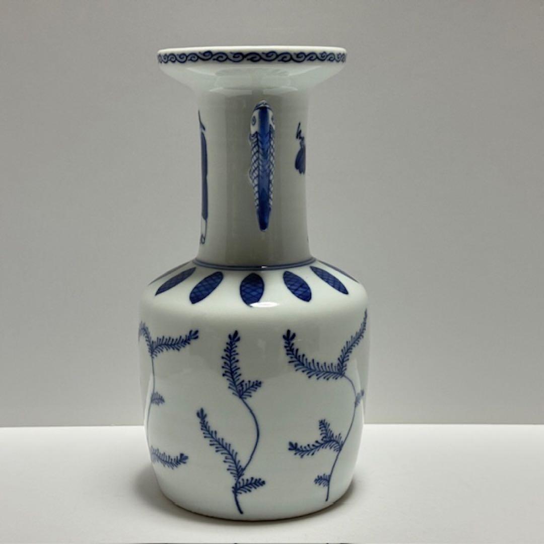 茶道具 四代 三浦竹泉 青華高砂花瓶 染付 花入 共箱 茶道