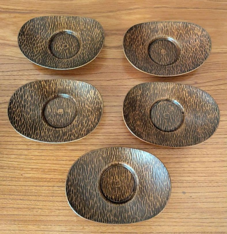 茶道具 静和堂 金谷五良三郎作 黄銅鎚目小判型 茶托 5客