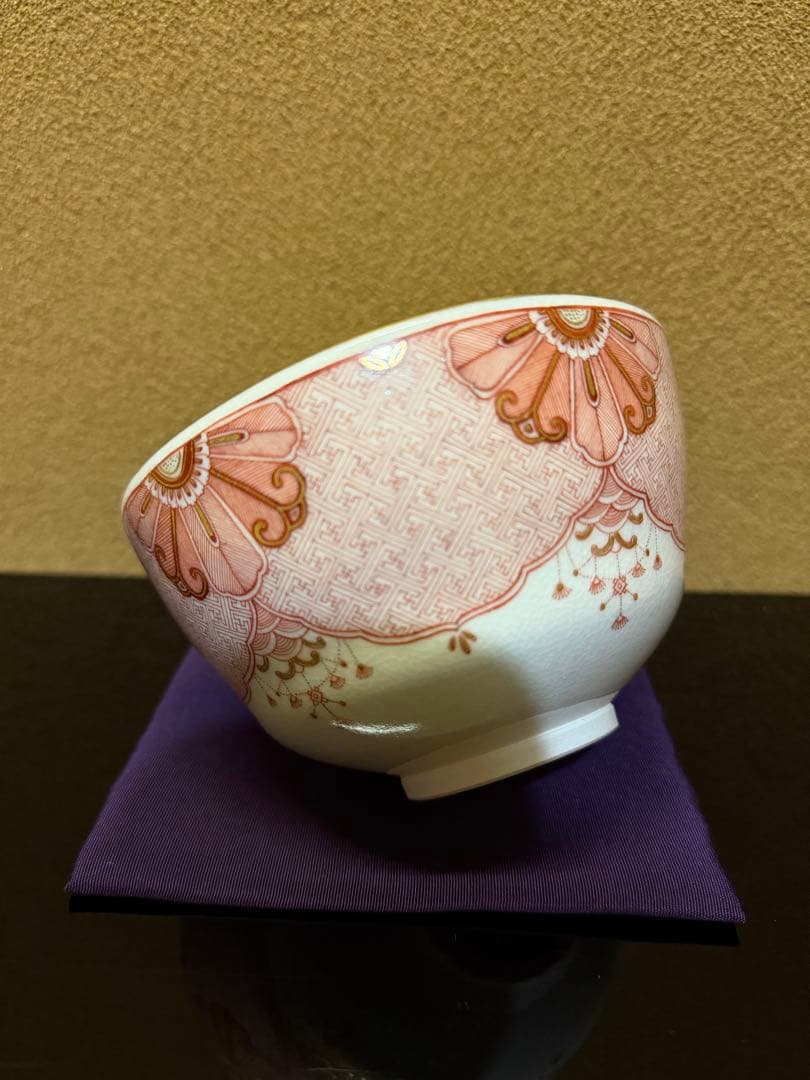 九谷焼　福島武山　赤絵瓔珞文　茶碗　共箱