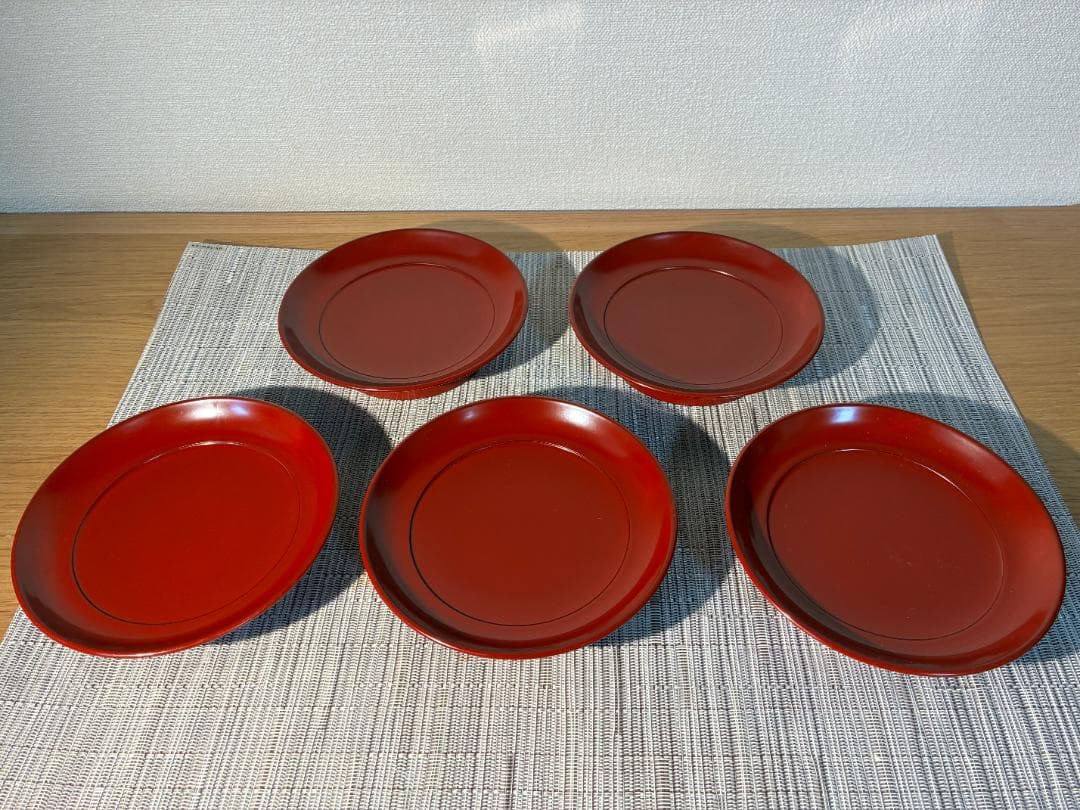 084越前塗 光琳堂 椿皿 ５枚セット 古代朱/高台皿/銘々皿/本漆塗