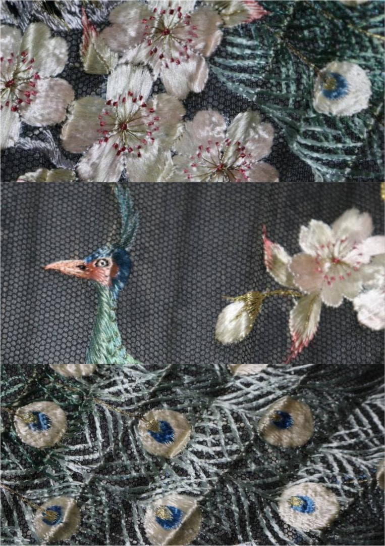 扇子 中国 螺鈿細工 古い 刺繍 孔雀 桜 シノワズリ ブラック