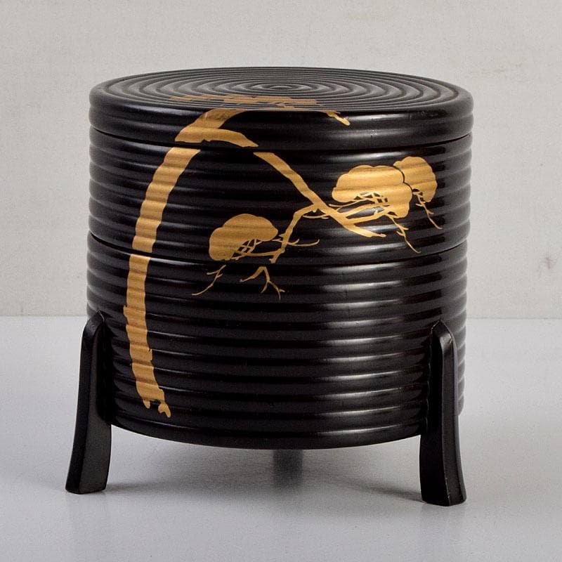 茶道具　黒漆　老松蒔絵　足付に段丸重　重箱　時代箱　C　8893