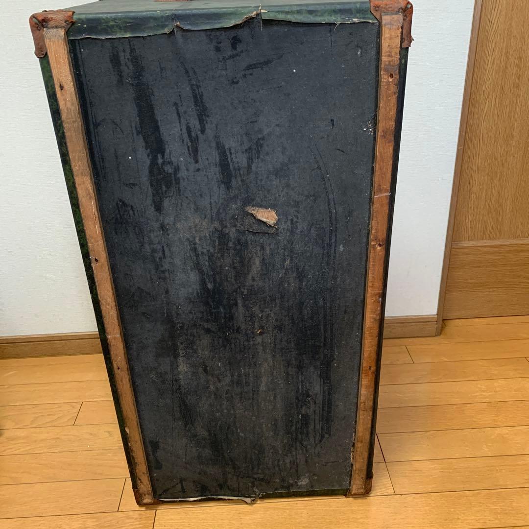 昭和レトロ/緑色の木製トランク 金色のエンブレム付き/収納箱/オブジェ/年代物