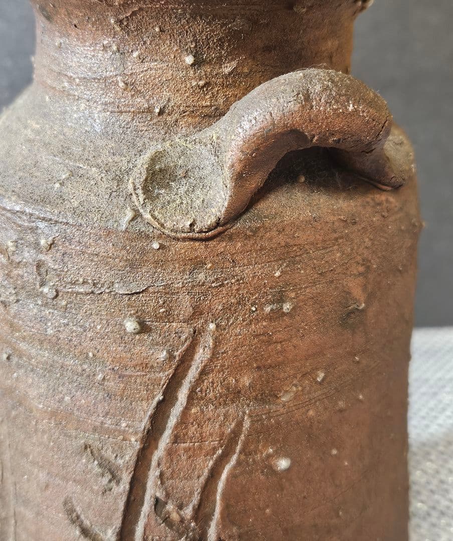 【時代古作品❗】明治時代頃　古伊賀　双耳　彫り文様　花入れ　花生け　茶道具　茶器