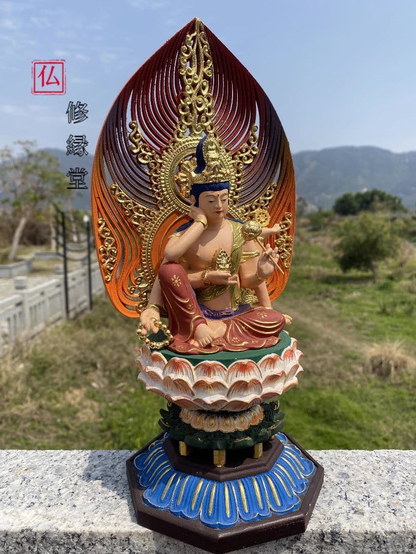 【修縁堂】極上品仏教美術 精密彫刻 彩繪 彩金 如意輪観音 手彫り仏師で仕上げ品