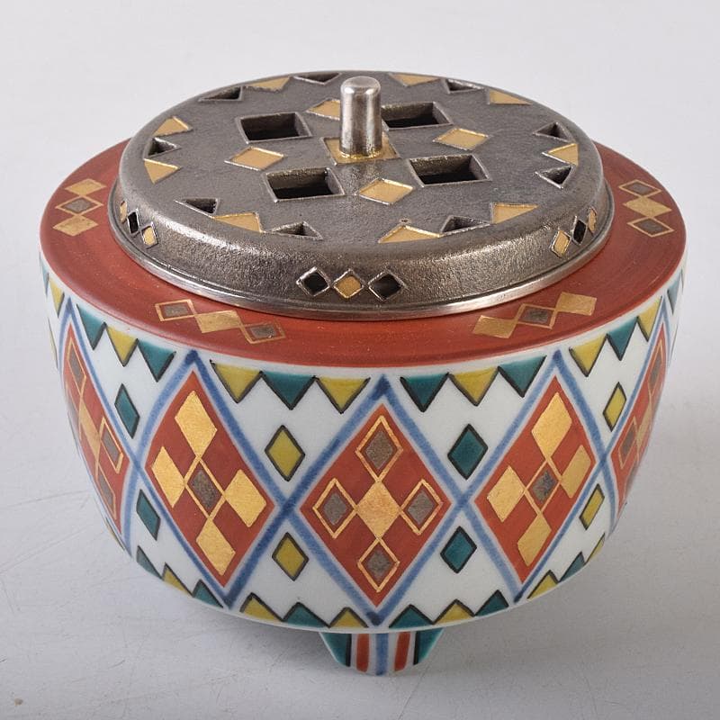 九谷焼　北出不二雄監　倣富本憲吉　富本陶　辻本勇　香炉　銀火屋　共箱　R8455