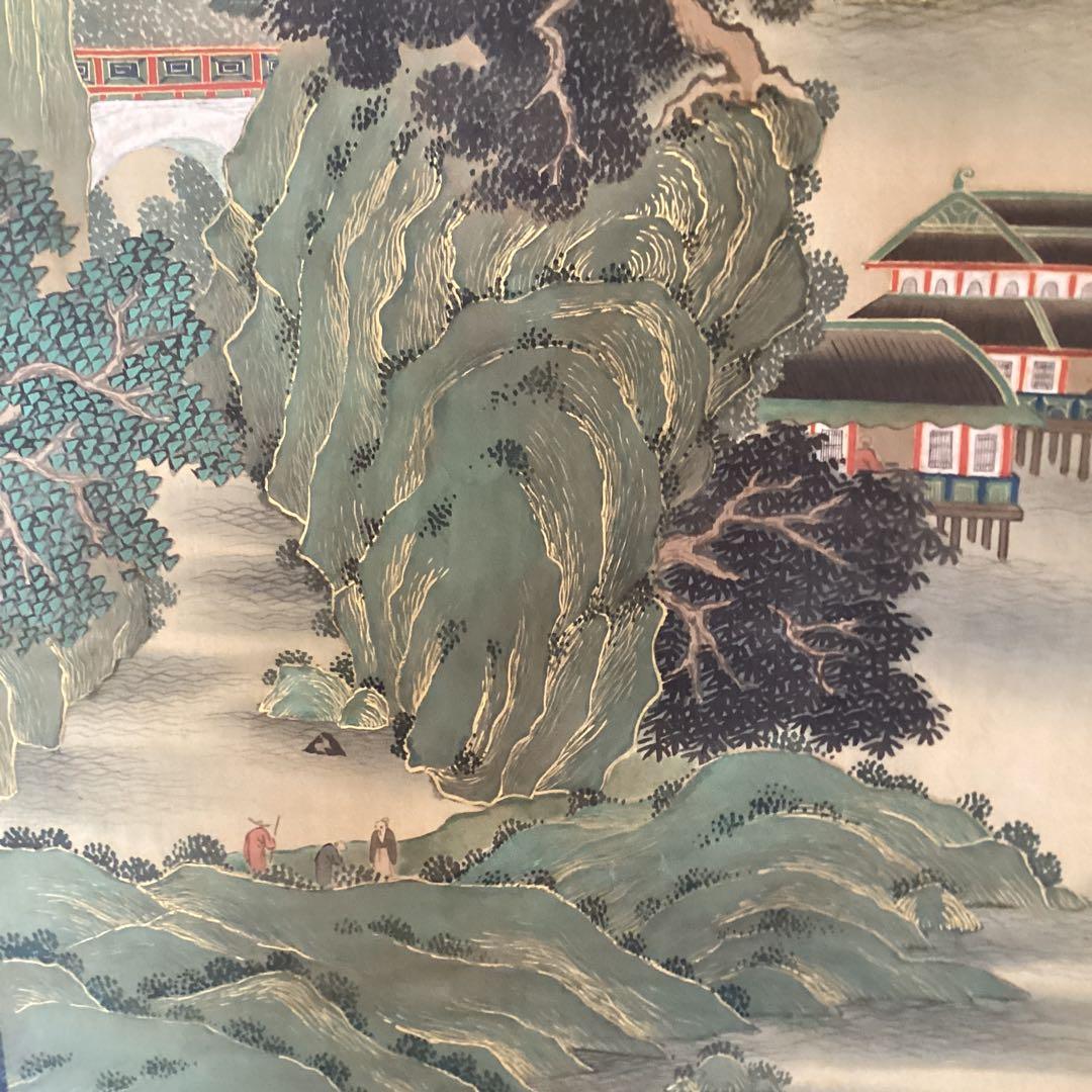 柳澤淇園　絹本着色　掛軸一幅【湖畔に浮かぶ風景画】岩絵具　軸先良品　模写　245