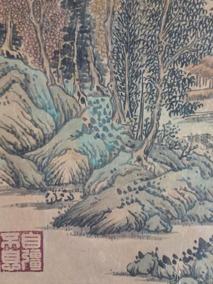 中国古美術 明代 文徴明作款 山水図 青門山上居 水墨画 掛軸絹本 三尺 手描き