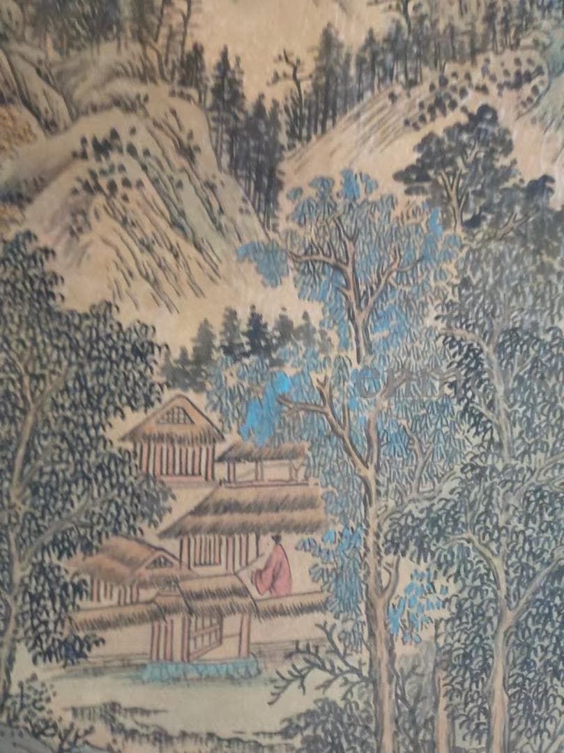 中国古美術 明代 文徴明作款 山水図 青門山上居 水墨画 掛軸絹本 三尺 手描き