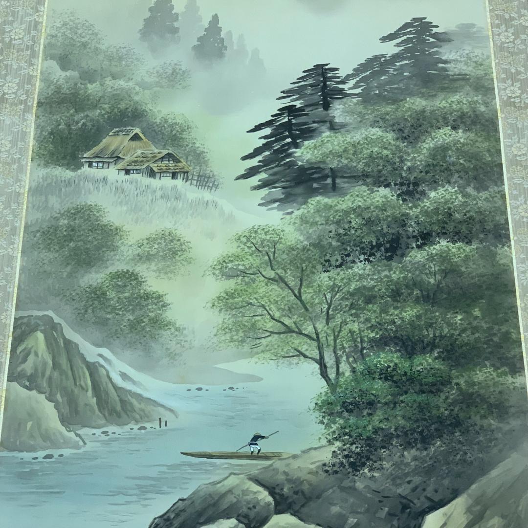 掛軸 森兼窓 時代彩色山水 共箱付き 尺五立 年中掛け 季節掛け 日本画 彩色画